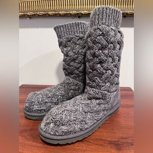 UGG Boot Bootie Cable Knit Bow Ribbon Lace Isla Gray Suede Size 10 Calf High